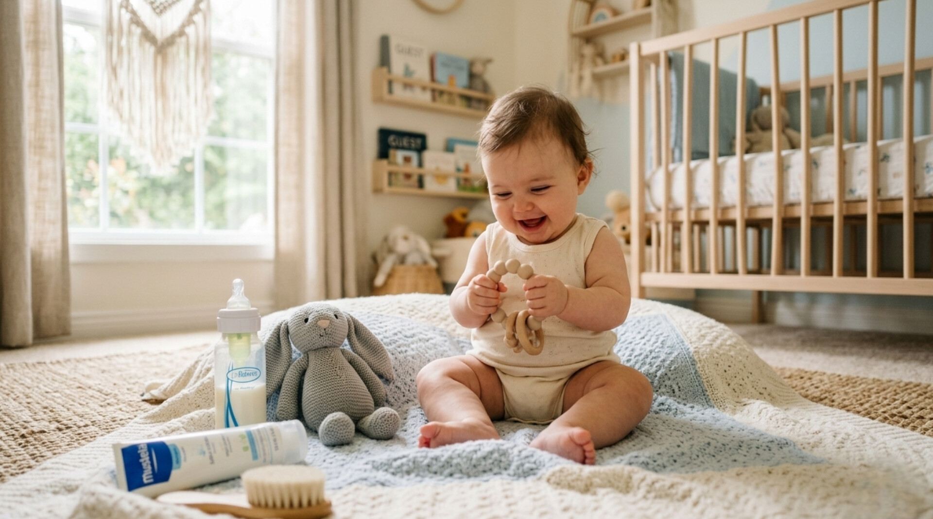 Happy baby playing with wooden teether toy in cozy nursery
