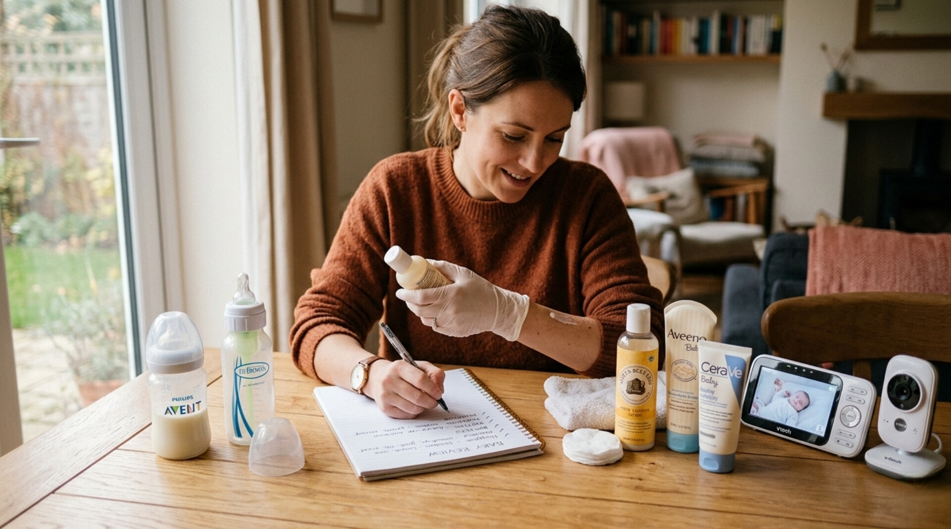 Parent reviewing and testing baby care products including lotion and bottles